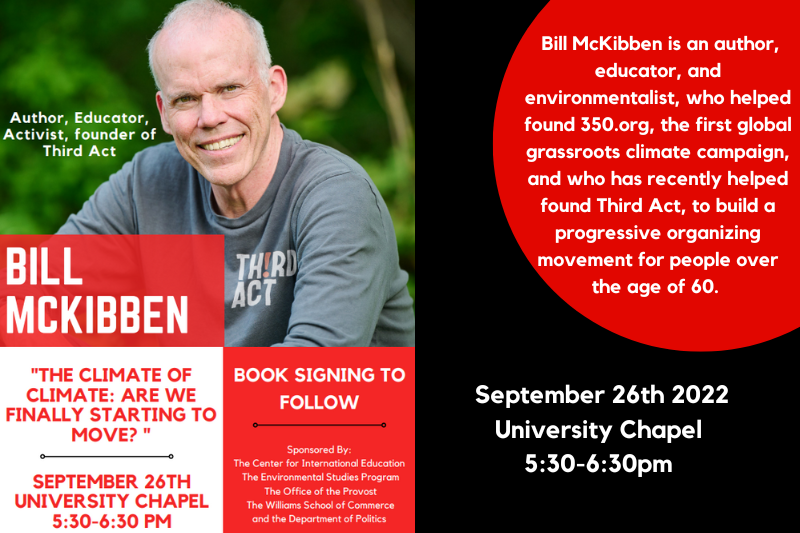 Bill McKibben Talk and Book Signing Sept. 26th at 5:30pm in University Chapel